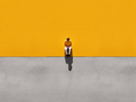 Top view runner in yellow sportswear resting lying on a black asphalt after running Jogging man taking a break during training outdoors Caucasian fitness model 20s in Bar : Generative AIの素材