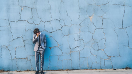 Sad unhappy young man cries in despair holds aerosol for curing thore throat has fever suffers from headache and dizzines absent from job poses over blue wall Daily life  : Generative AIの素材