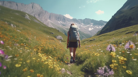 Rear view of female backpacker walks on feet on green meadow against mountain landscape carries big rucksack turns to camera enjoys summer time and vacation wears casual  : Generative AIの素材