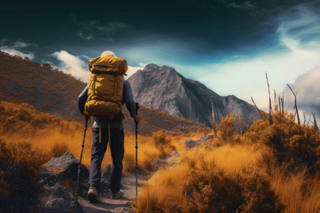 Mountaineering climbing and hiking concept Unrecognizable tourist holding trekking poles having rest on top of hill with dry grass and looking at beautiful scenery of sum : Generative AIの素材