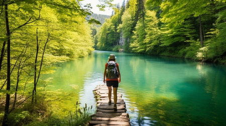 Summer adventure concept Horizontal shot of active traveler dressed in jacket and sport shoes takes break between walking stands on little wooden bridge over turquoise ri : Generative AIの素材