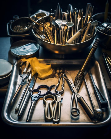 Set of metal medical equipment tools for teeth dental care Doctor takes medical instruments Hand of dentist reaching for dental instruments in a cabinet : Generative AIの素材