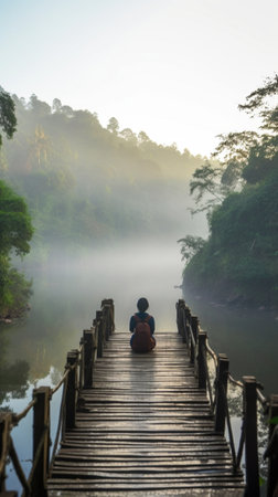 Summer adventure concept Horizontal shot of active traveler dressed in jacket and sport shoes takes break between walking stands on little wooden bridge over turquoise ri : Generative AIの素材