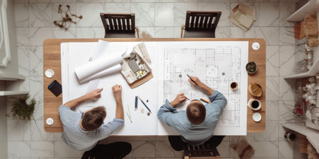 Two architect workers sitting at their cozy workplace surrounded with many papers and modern electronic devices discussing new construction project with emotions using ge : Generative AIの素材