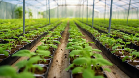 Organic greenhouse Young plants growing in very large plant in commercial greenhouse : Generative AIの素材