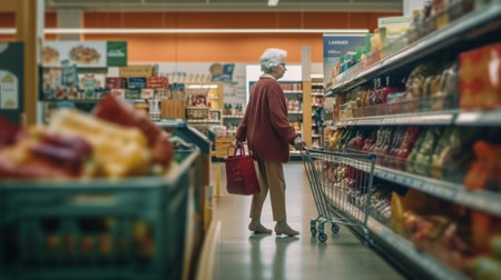 Back shot of grandmother with blonde hair shopping at local supermarket pushing cart forward going to household chemistry section to buy laundry detergent or shampoo agai : Generative AIの素材
