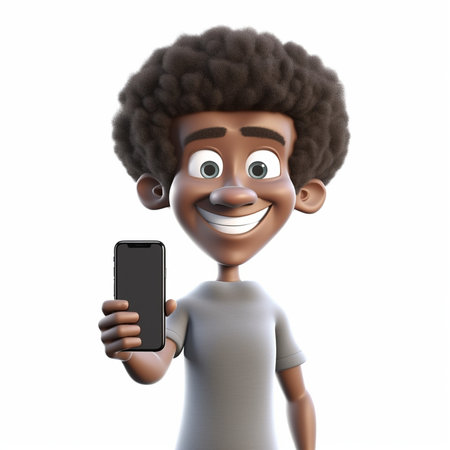 Cheerful African American with crisp hair holds modern smart phone happy to recieve message dressed in casual t shirt poses against white background with blank space for  : Generative AIの素材