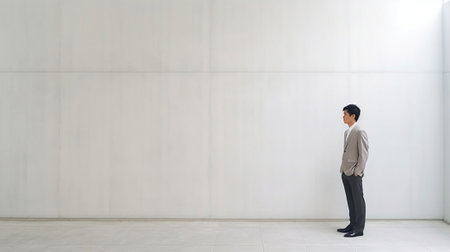 Confident thoughtful mixed race male company owner being person of influence on market dressed in black formal suit with tie poses against white concrete wall copy space  : Generative AIの素材