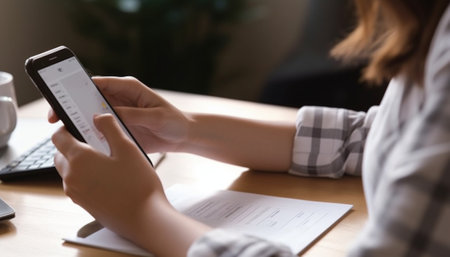 Cropped shot of unrecognizable darkskinned woman employee in blue shirt having small break surfing internet on cell phone during working day in office Selective focus on  : Generative AIの素材