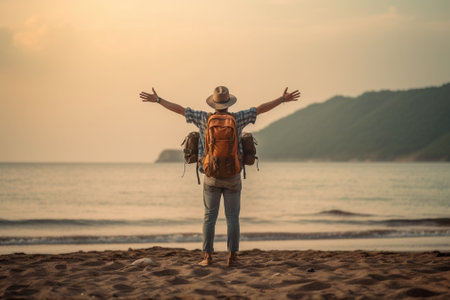 Cheerful stylish young African American traveler with backpack smiling joyfully spreading his arms feeling free happy and relaxed enjoying nice summer day while spending  : Generative AIの素材