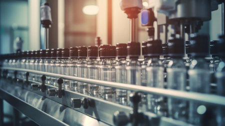 Factory process of production new cosmetics Glass bottles standing on conveyor line going to be twisted Automated process on big factory Production of new shampoo on cove : Generative AIの素材