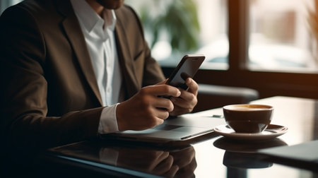 Confident serious corporate worker types message on smart phone dressed formally sits in front of generic laptop computer prepares business report and has cappuccino at o : Generative AIの素材