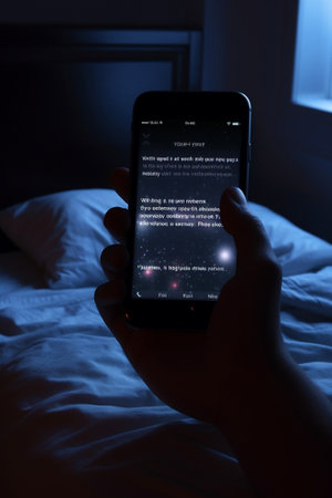 Cropped view of female hands holding smart phone with blank screen for your text Woman reading messages on cell phone with home interior background while resting in bed S : Generative AIの素材