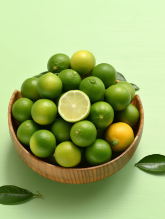 Evergreen edible tropical citrus limes provides juice or peel to food dishes for refreshing tart flavor Fruit used in baked goods and desserts popular alcoholic beverages : Generative AIの素材