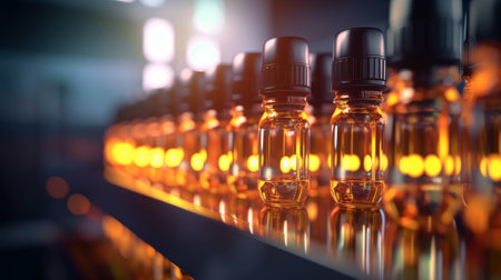Horizontal shot of cosmetics or pharmacy plant with automated equipment Transparent plastic bottles filled with yellow substance standing on desk and conveyor line ready  : Generative AIの素材