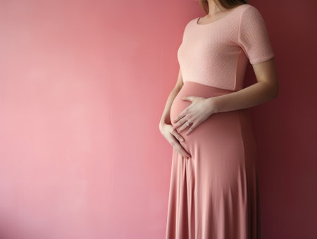 Expectant mother makes refusal gesture keeps palm forward camera in rejection has pregnant round tummy poses with baby stuff against pink wall with white clouds Parenting : Generative AIの素材