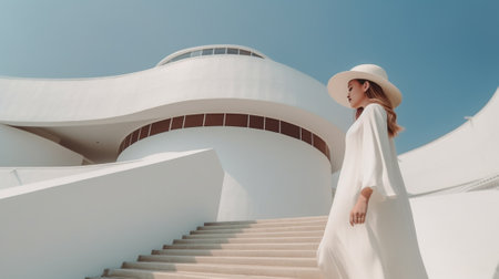 Cropped shot of pleasant looking young female in straw hat wears fashionbale summer clothing sits at stairs in white room spends summer holidays at tropical beach Beatuy  : Generative AIの素材