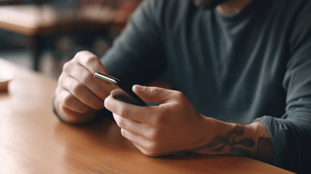 Close up shot of African mans hands holding mobile and credit card Darkskinned businessman checking account balance using online banking application on his cell phone dri : Generative AIの素材