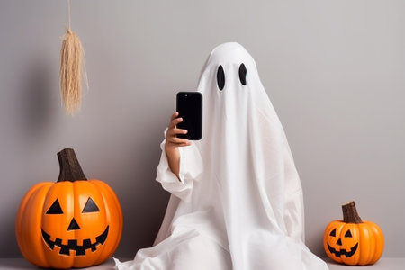 Ghost with October decorations points at carved pumpkin prepares for halloween party celebrates mysterious holiday poses against white background with decorations around  : Generative AIの素材