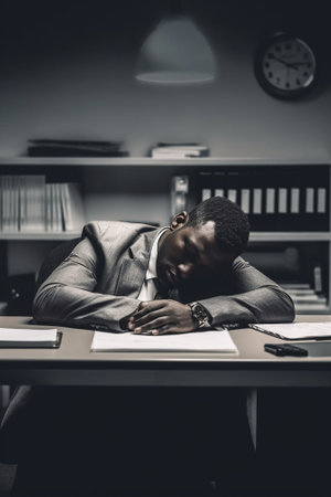 Frustrated young Afro American businessman feeling stressed after hard work having tired expression keeping his hand on eyes resting for minute Overworked mixed race male : Generative AIの素材