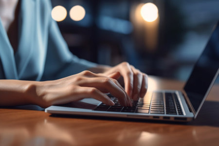 Horizontal shot of atrractive female freelancer works at modern cafeteria on modern electronic device keyboards information needed for project work use high speed interne : Generative AIの素材