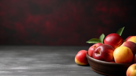 Horizontal shot of sweet juicy red apples peaches tamarillo cumquat on blue background Tasty fruits Collection of healthy food or different sorts of organically grown fru : Generative AIの素材