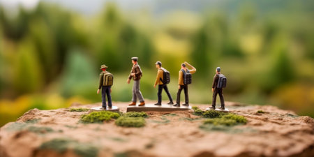 Horizontal outdoor view of glad traveler check route on location map explores new place has wanderlust trip stands against green wood and little river enjoys journey Peop : Generative AIの素材