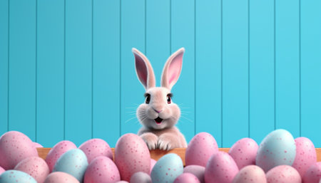 Happy Easter concept Bearded ginger man wears rabbit ears holds small white bunny with decorated colorful eggs celebraes religious holidays in spring poses against blue b : Generative AIの素材