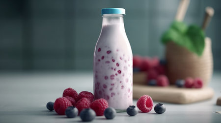 Healthy breakfast and dieting concept Bottle of fresh vegan milk coconut flakes ripe raspberry and blueberry dried apple cashew and pistachio on pink background Ingredien : Generative AIの素材