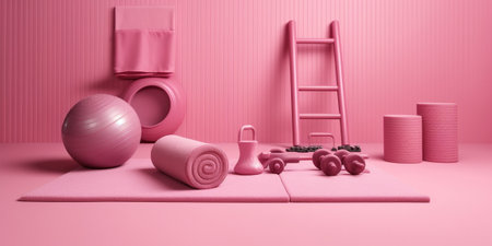Horizontal shot of active sli woman trains hands with expander poses on knees at fitness mat trains with swiss ball dressed in activewear isolated over pink bacground Act : Generative AIの素材