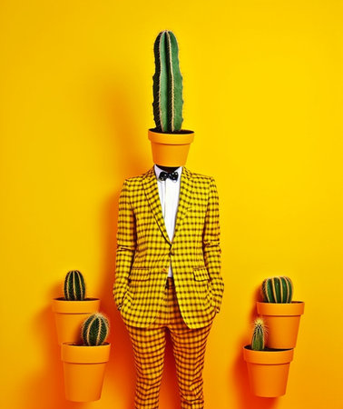Puzzled displeased man with stubble grows house plants needs to wipe dust on sansevieria wears yellow hat and striped jumper has unhappy reaction Gardener plants flowers  : Generative AIの素材