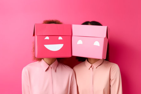 People decision and attitude concept Two hesitant business partners have glad facial expressions shrug shoulders with uncertainty and bewilderment isolated over pink back : Generative AIの素材