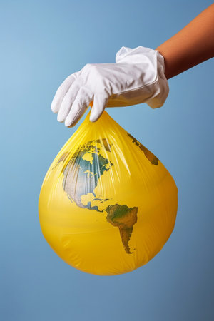 Impressed stupefied worried female horrified with polluted Earth cleans up from trash shows palm unrecognizable person stretches hand with net bag full of litter Save our : Generative AIの素材