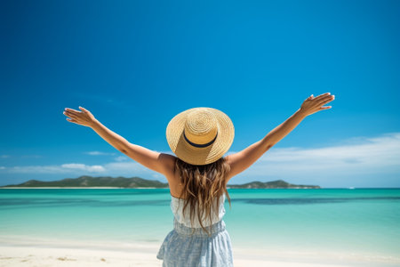 Rear view of tourist in trendy hat holding arms wide open in front of rocky island with tropical vegetation admiring wonderful view standing on beach with azure ocean wat : Generative AIの素材