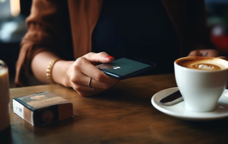Selective focus Close up shot of female hands holding plastic card and cell phone African woman paying with credit card while shopping online using mobile phone having ca : Generative AIの素材