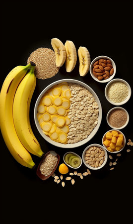 Proper nutrition and dieting concept Cornflakes and different ingredients for mixing together and preparing tasty cereal dish Flat lay Healthy morning breakfast Vegetaria : Generative AIの素材