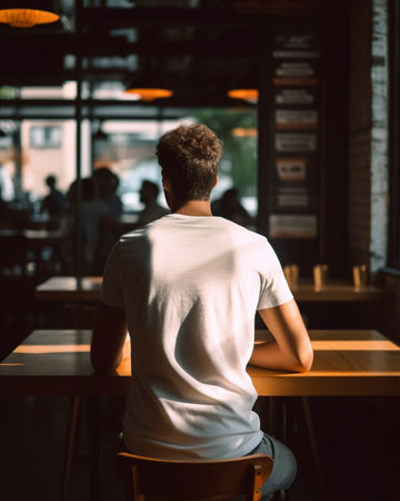 People technology communication and leisure concept Cropped rear view of young man in white tshirt surfing internet checking newsfeed via social networks messaging friend : Generative AIの素材