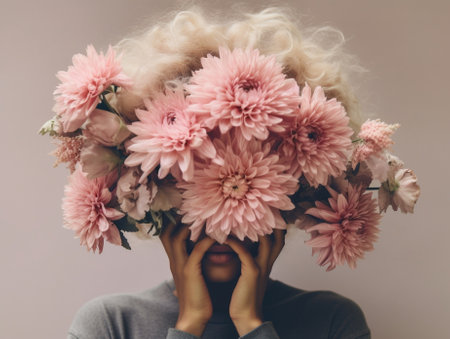 Horizontal shot of pretty curly haired lady with toothy smile keeps pink gerbera flower in front of eye picked flowers from blooming spring meadows dressed in pink jacket : Generative AIの素材