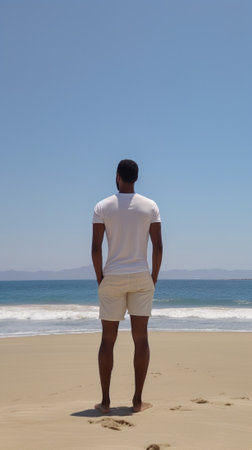 Rear shot of stylish young Afro American backpacker standing on boardwalk on pebble beach facing vast calm ocean with clear azure water during peaceful morning admiring a : Generative AIの素材