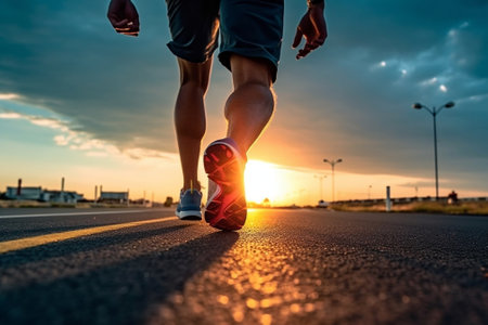 Running sport Man runner legs and shoes in action on road outdoors at sunset Male athlete model : Generative AIの素材