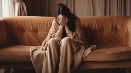 Sorrowful Caucasian female cries from despair covers mouth with palm finds out about life tragedy expresses negative emotions wears casual long sleeved sweater red leggin : Generative AIの素材