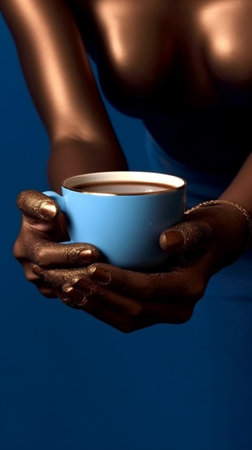 Skin care and cosmetology concept Beautiful dark skinned serious female model has brown coffee scrub does peeling of skin wants to remove wrinkles poses over blue studio  : Generative AIの素材