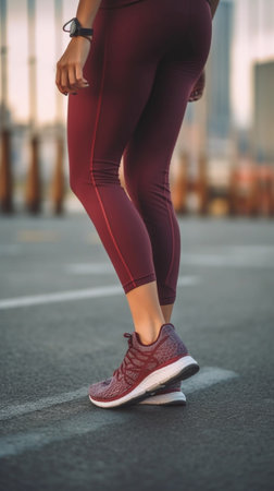 Outdoor portrait of female runner with fit athletic legs wearing purple sneakers walking along concrete path in urban park catching her breath after intensive workout pre : Generative AIの素材