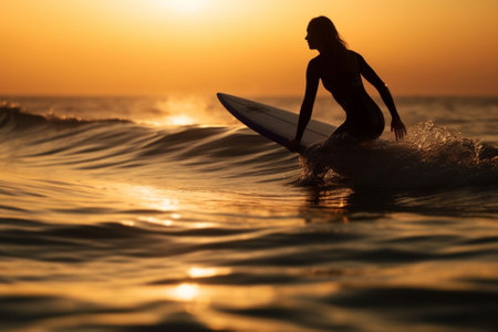 silhouette of young girl paddleboarding at sunset recreation sport paddling ocean beach surf orange sunlight reflection hue on water : Generative AIの素材