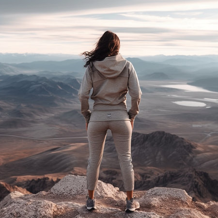 Young active female standing on the top of mountain and watching away in binocular extreme lifestyle traveling and trek concept : Generative AIの素材