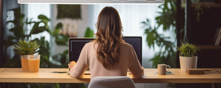 Rear shot of female student learning online via laptop before her lectures Woman typing on notebook with blank screen with copy space for your text or advertising content : Generative AIの素材