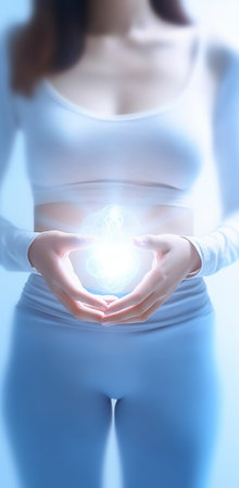 Woman showing sign bio balance on her stomach isolated : Generative AIの素材