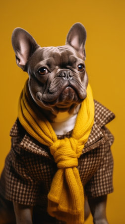 Sideways shot of cheerful Afro American woman plays with sweety black and white french bulldog puppy touch small nose likes animals has playful mood wears casual yellow j : Generative AIの素材