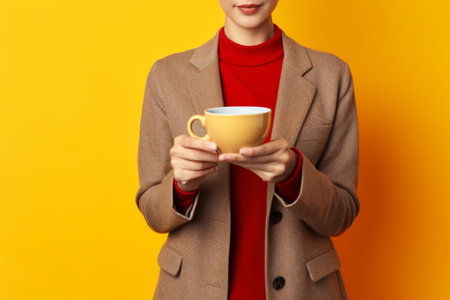 Winter hot drinks and people concept Happy curly haired woman drinks takeaway coffee holds small decorated fir tree prepares for Christmas celebration wears outerwear iso : Generative AIの素材