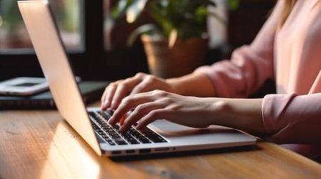 Womans hands typing on laptop keyboard with white blank screen with copy space for your advertising content sitting at coffee shop table with mobile phone and cake next t : Generative AIの素材